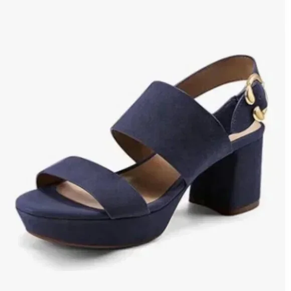 FOWT Navy Open Toe Platfrom Sandals Chunky Heel Slingbacks Buckle Wide Band Shoe - Picture 1 of 8